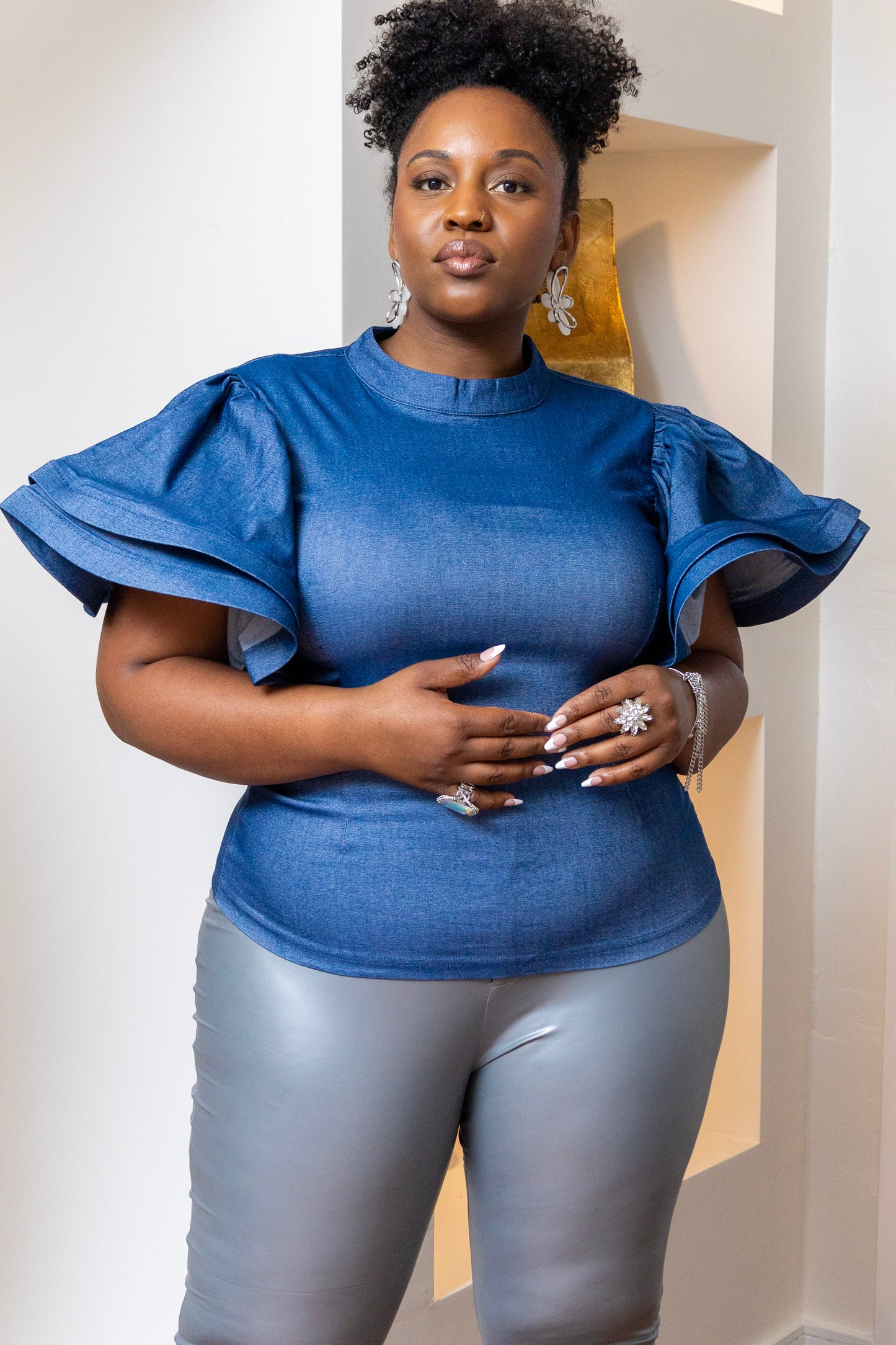 Denim-ly Ruffled Stretchy Blouse (Missy and Curvy)