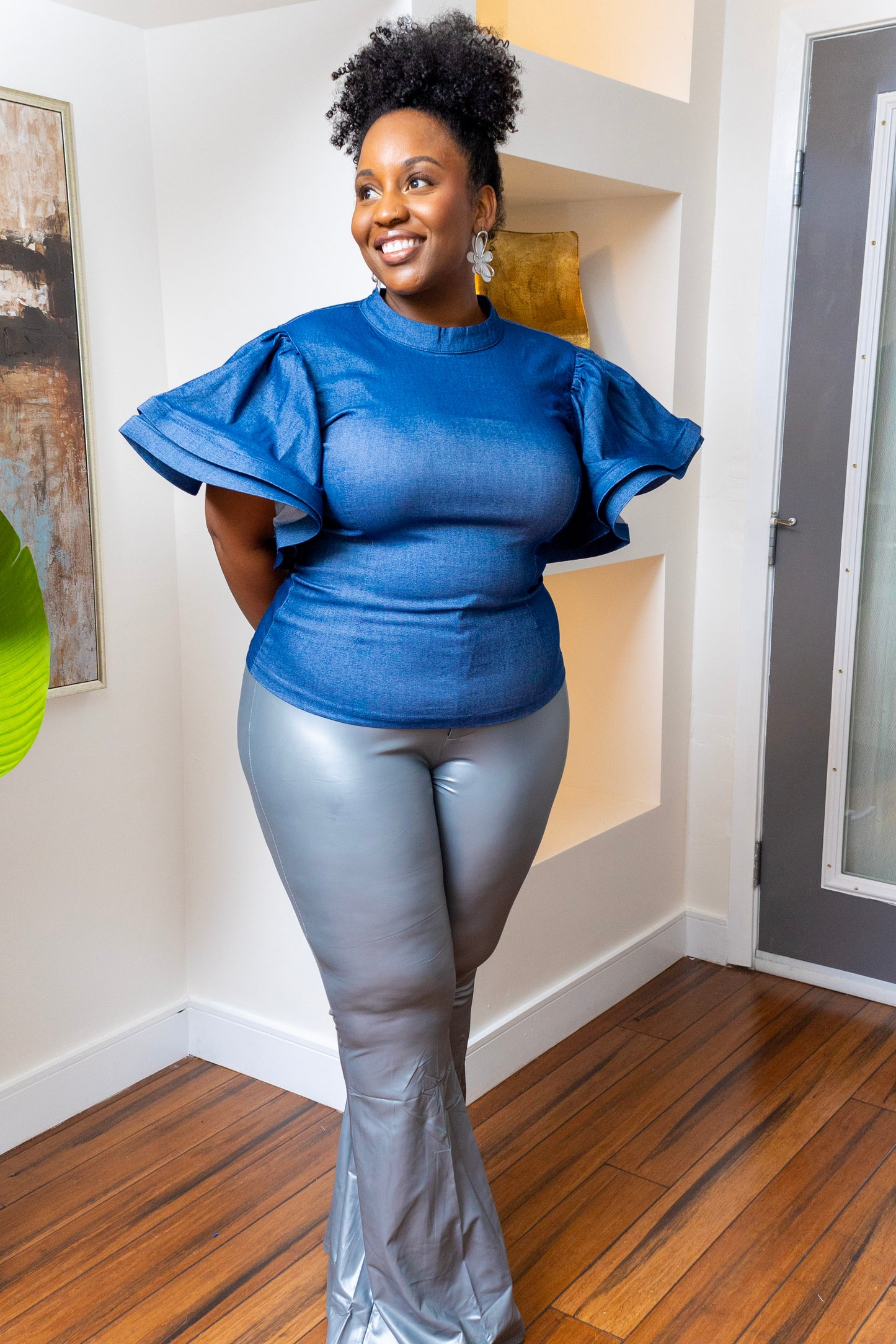 Denim-ly Ruffled Stretchy Blouse (Missy and Curvy)