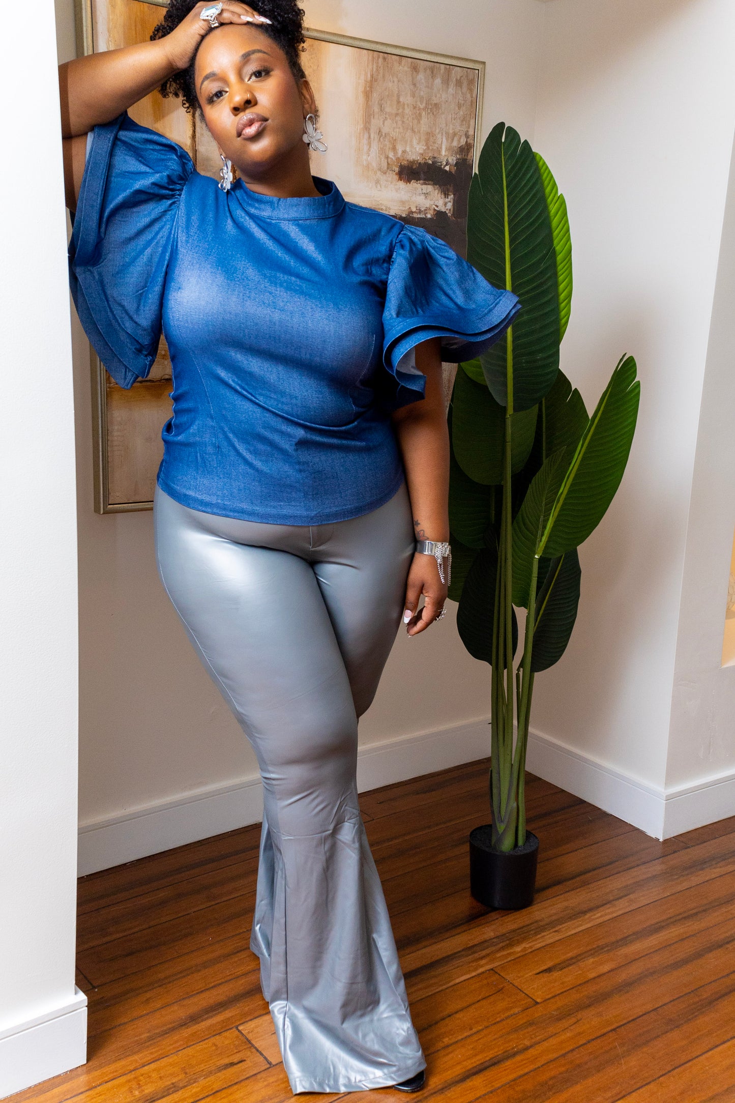 Denim-ly Ruffled Stretchy Blouse (Missy and Curvy)