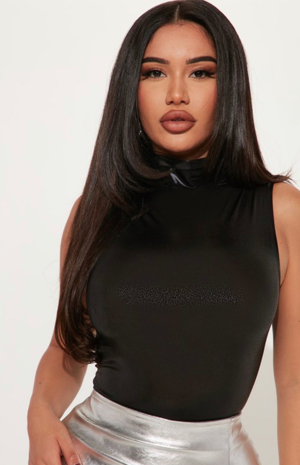 Mock Neck Metallic Black Bodysuit