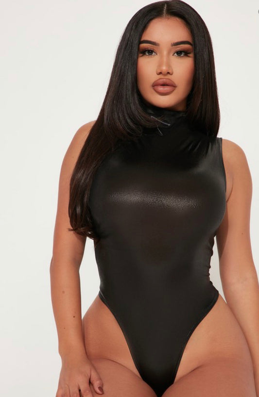 Mock Neck Metallic Black Bodysuit