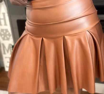 Camel Faux Leather Pleated Mini-Skirt - Curvy / Plus