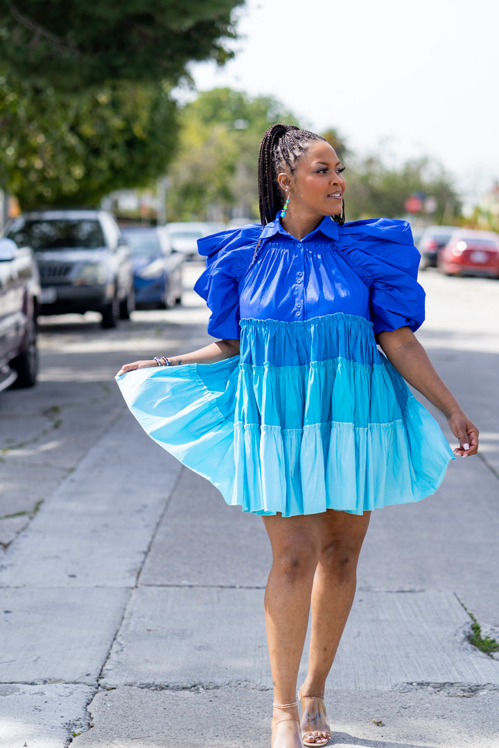 Blue Colorblock Babydoll Dress