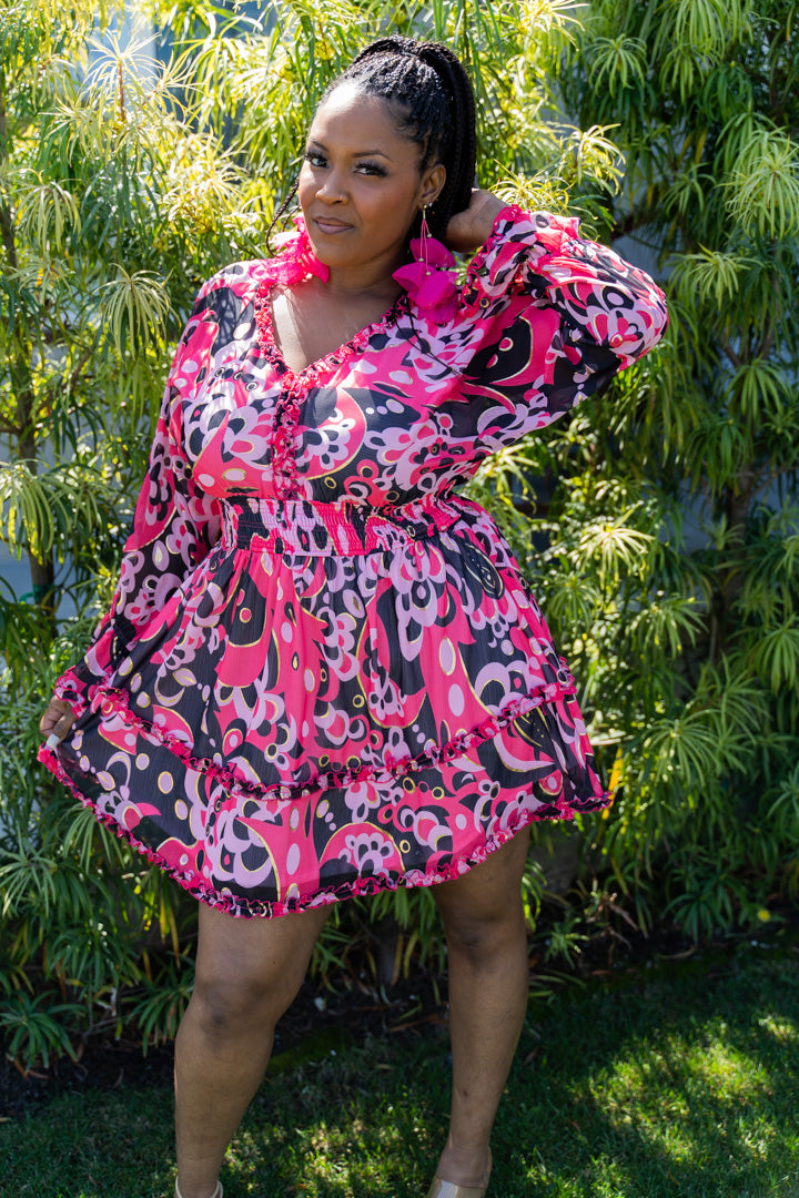 Hot Pink Floral Sun Dress w/ Ruffle Detail