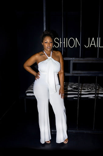 Halter Neck White Jumpsuit w/ Chain Detail