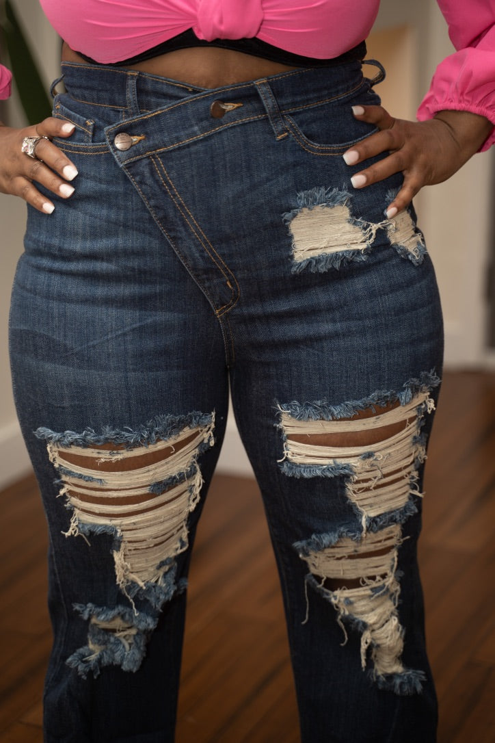 Asymmetrical Button Distressed Straight Leg Jeans