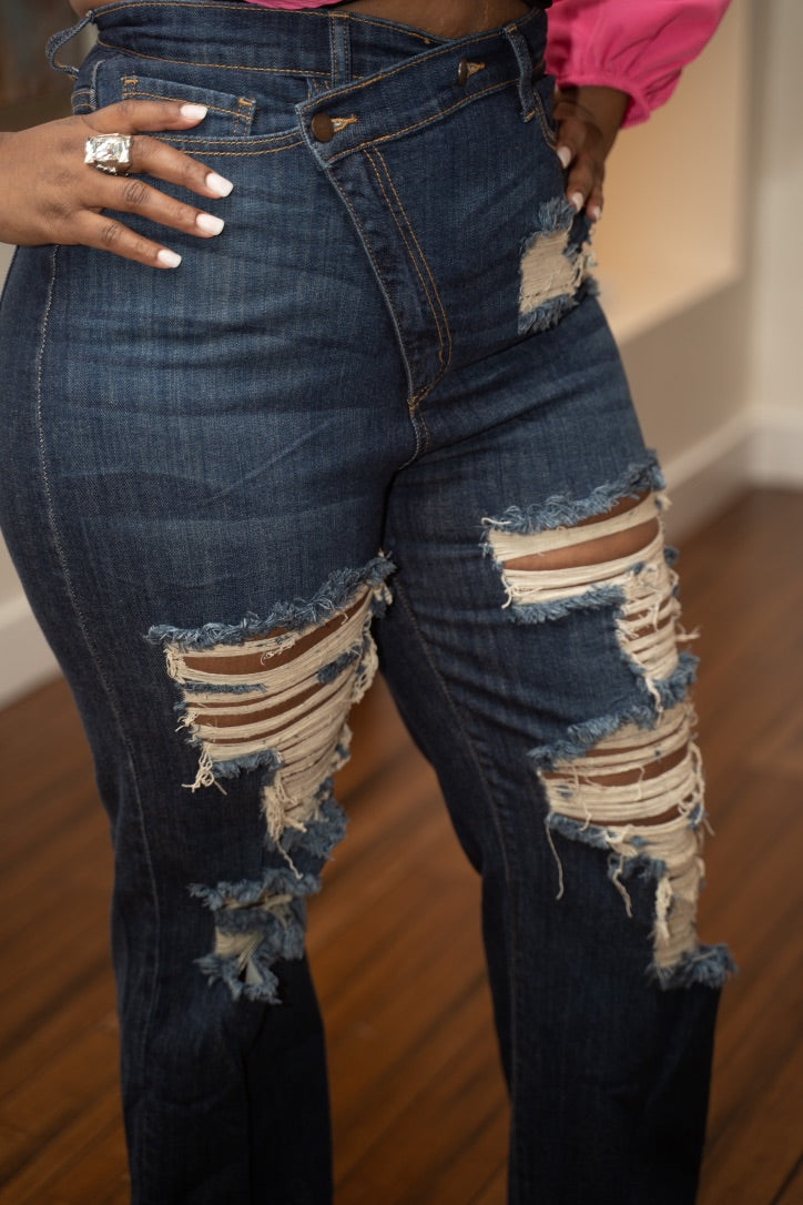 Asymmetrical Button Distressed Straight Leg Jeans