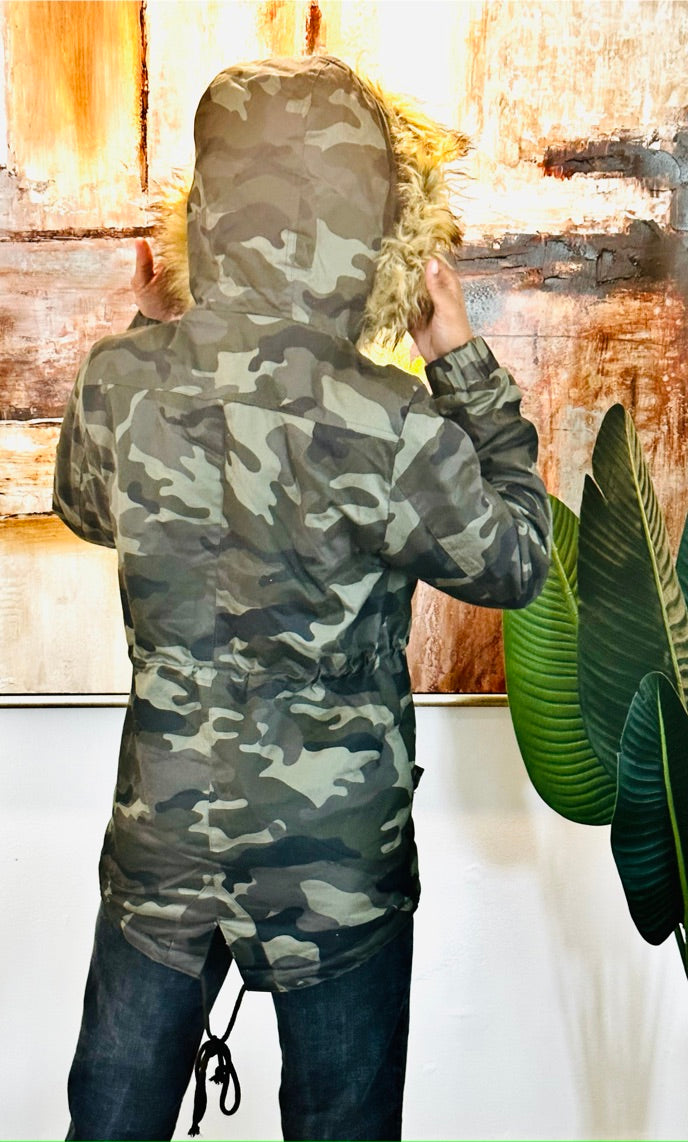 Camo Jacket w/ Faux Fur Hood