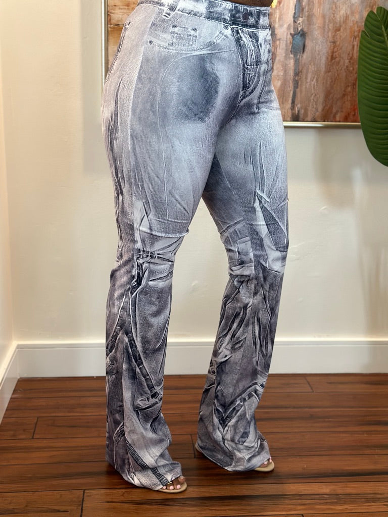 Faux Denim Bell Bottom Leggings - Gray