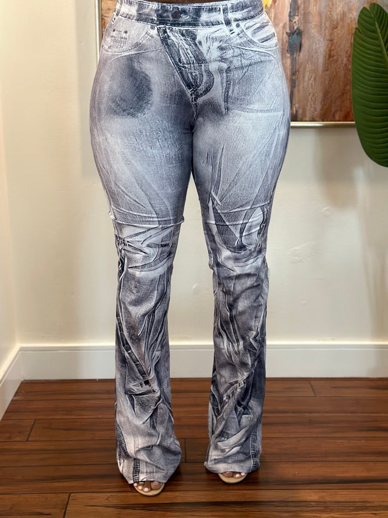 Faux Denim Bell Bottom Leggings - Gray